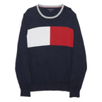 TOMMY HILFIGER Mens Navy Blue Red White Patterned Crew Neck Basic Knit L Cotton