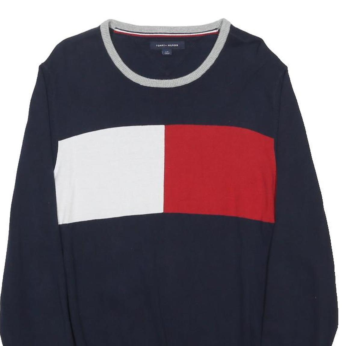 TOMMY HILFIGER Mens Navy Blue Red White Patterned Crew Neck Basic Knit L Cotton