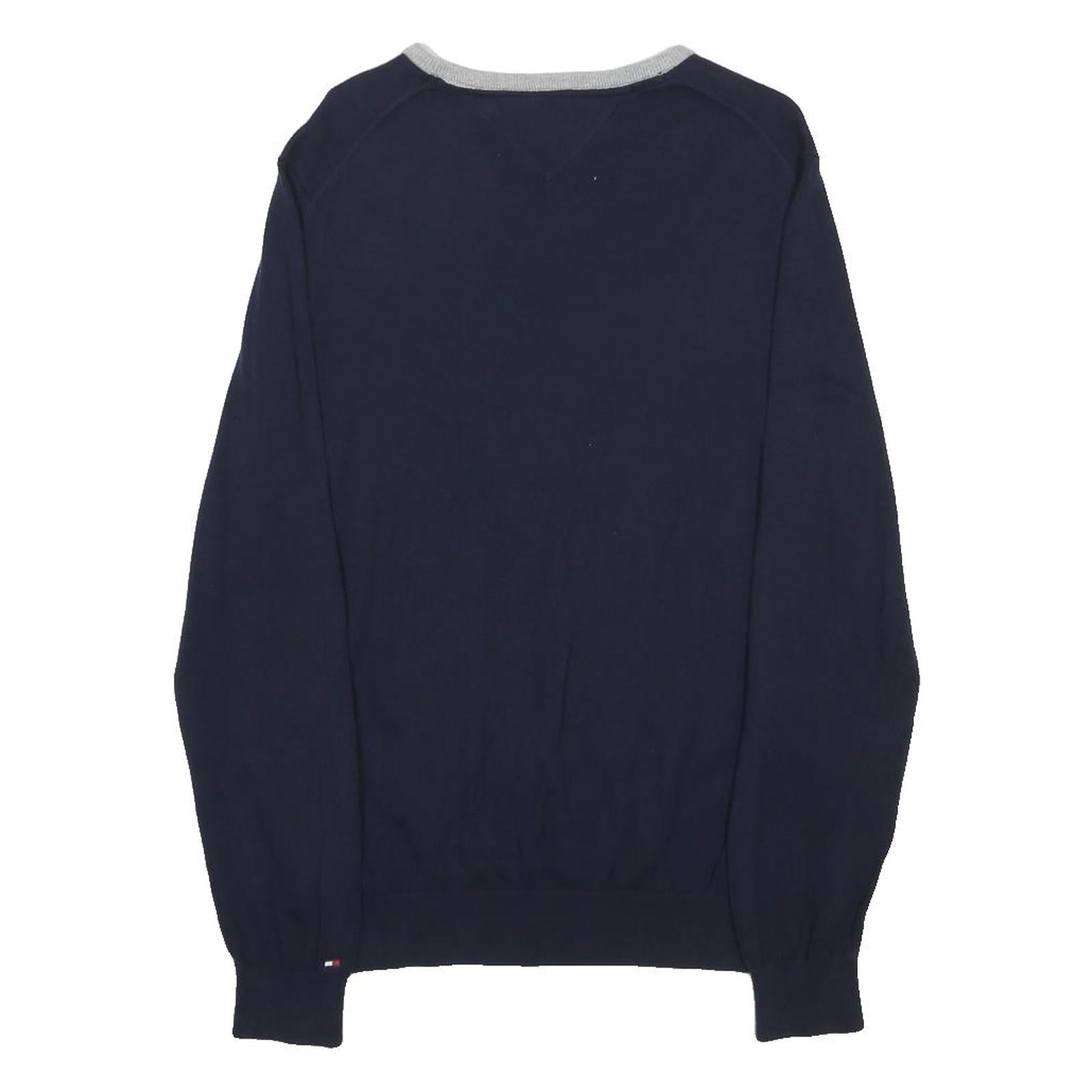 TOMMY HILFIGER Mens Navy Blue Red White Patterned Crew Neck Basic Knit L Cotton
