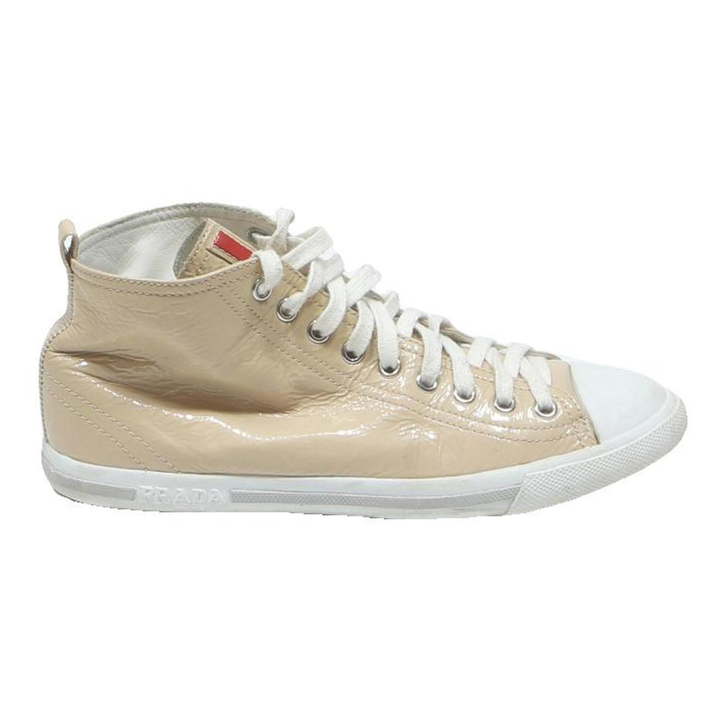 PRADA Womens High Top Trainers Beige Leather UK 4.5 Stylish Casual Footwear