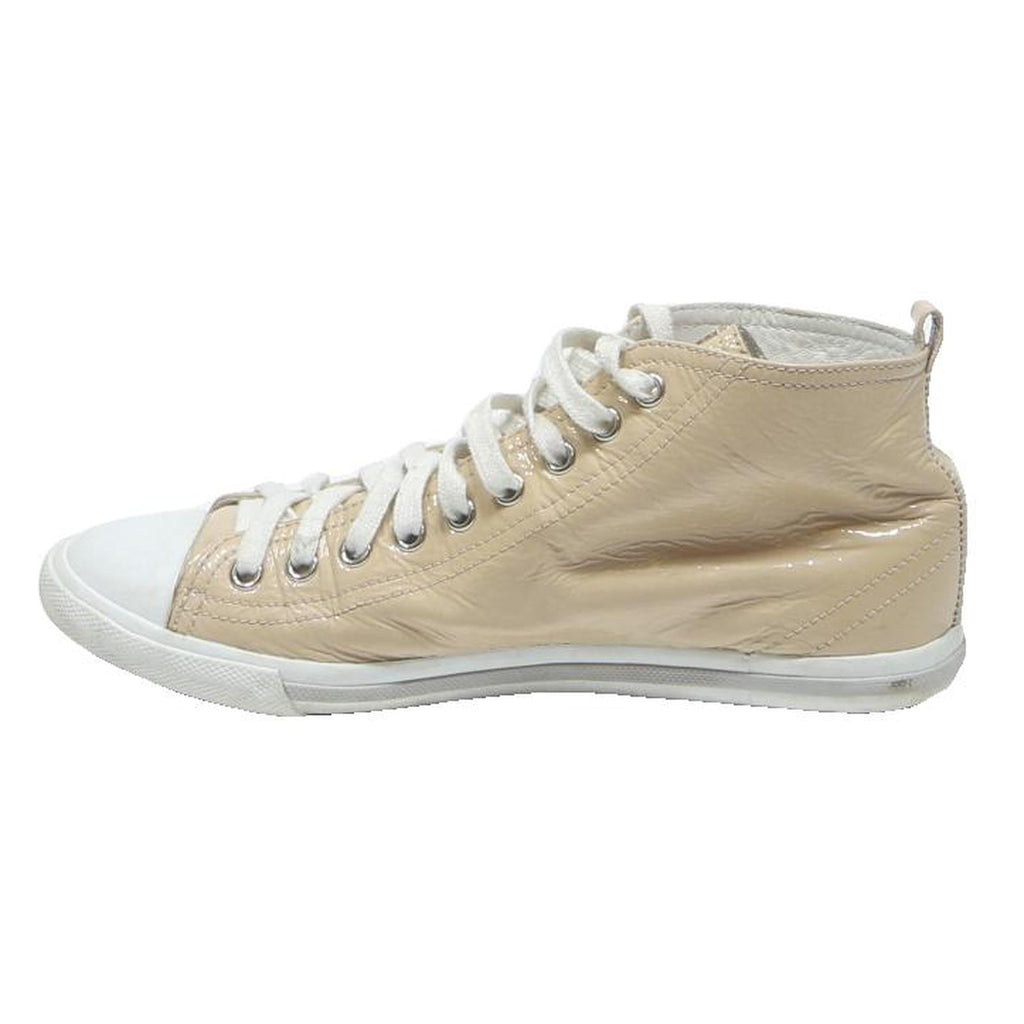 PRADA Womens High Top Trainers Beige Leather UK 4.5 Stylish Casual Footwear