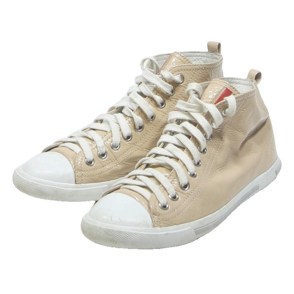 PRADA Womens High Top Trainers Beige Leather UK 4.5 Stylish Casual Footwear