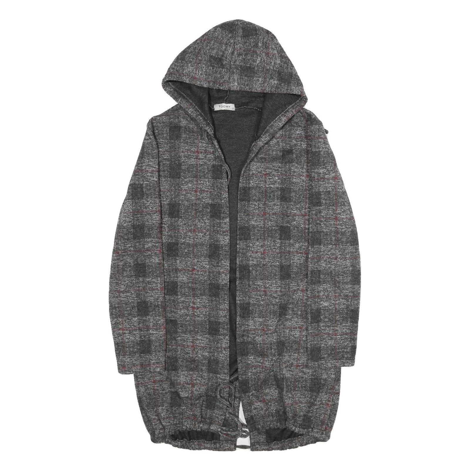 TODAY Womens Grey & Red Checked Hooded Jacket M Polyester Blend Casual Outerwear