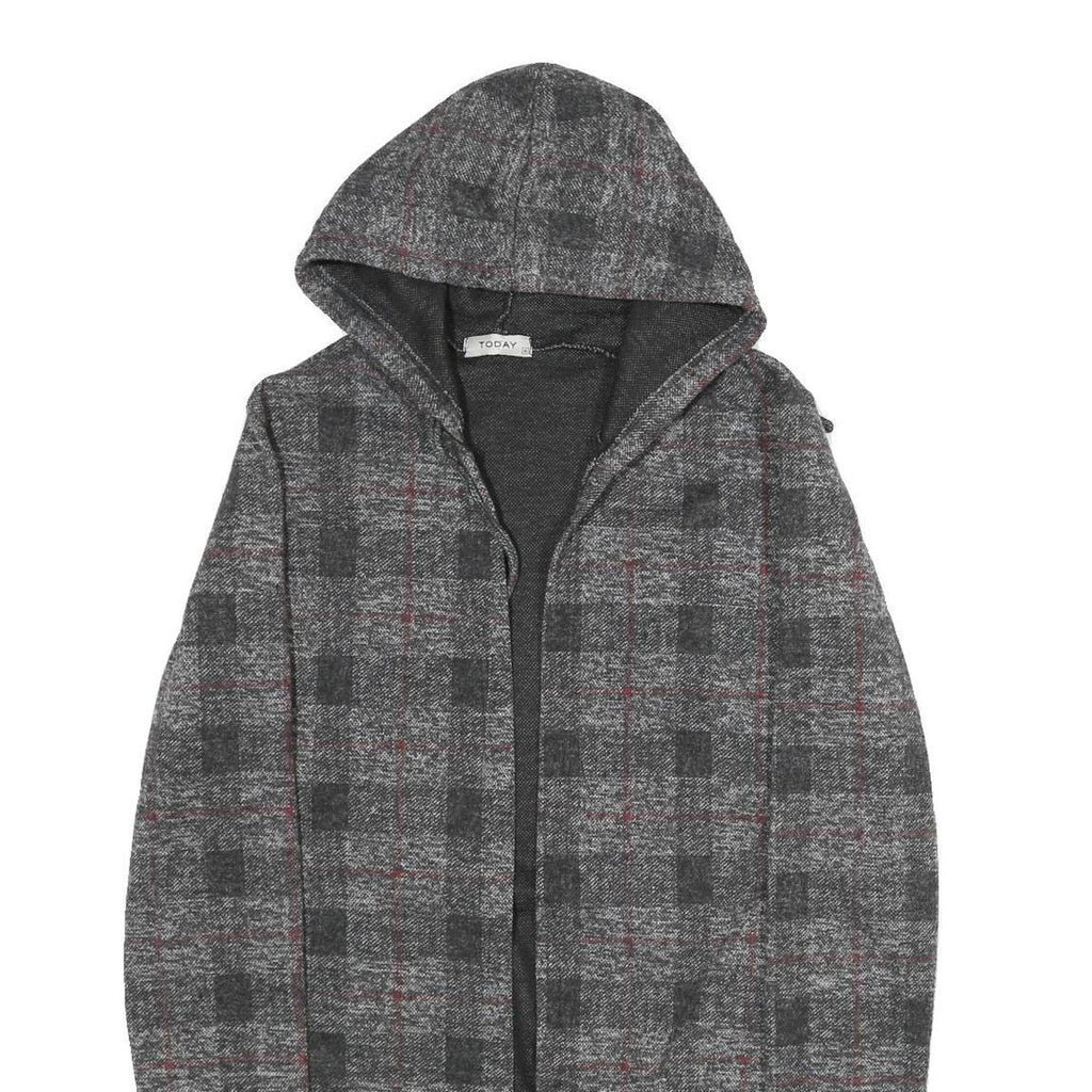 TODAY Womens Grey & Red Checked Hooded Jacket M Polyester Blend Casual Outerwear