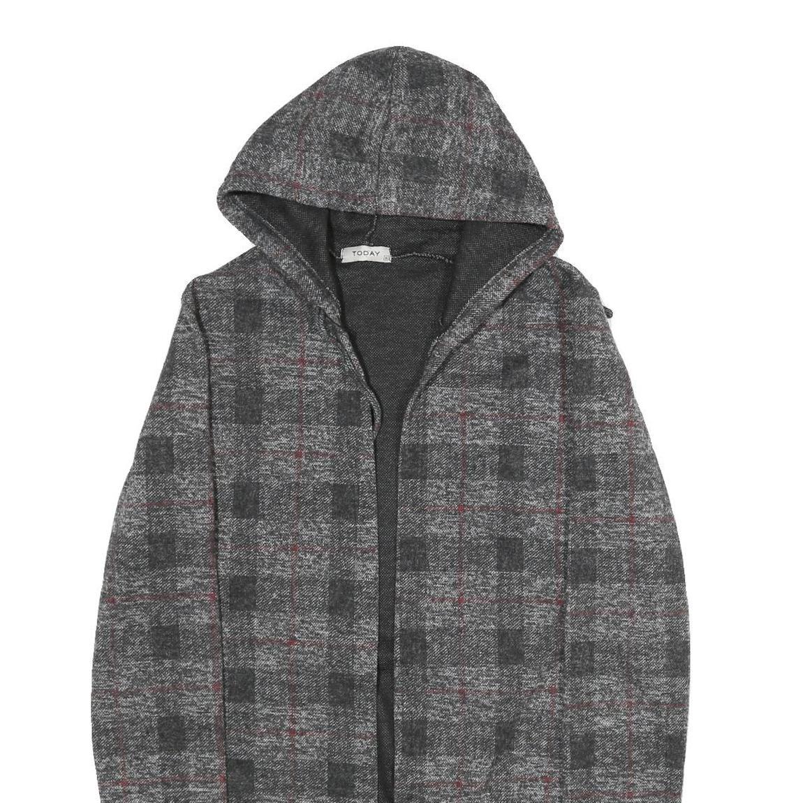 TODAY Womens Grey & Red Checked Hooded Jacket M Polyester Blend Casual Outerwear