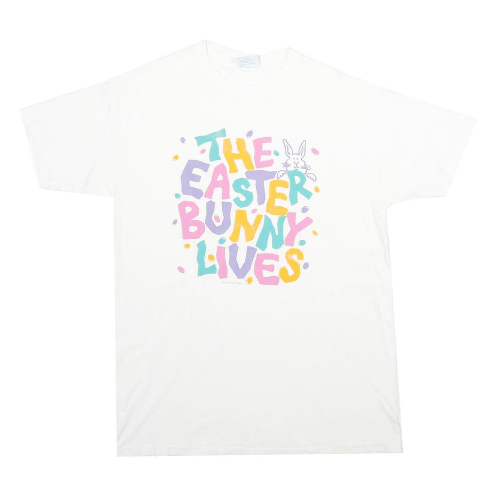 PEACOCK Mens White The Easter Bunny Lives Cotton T-Shirt L Short Sleeve Crew
