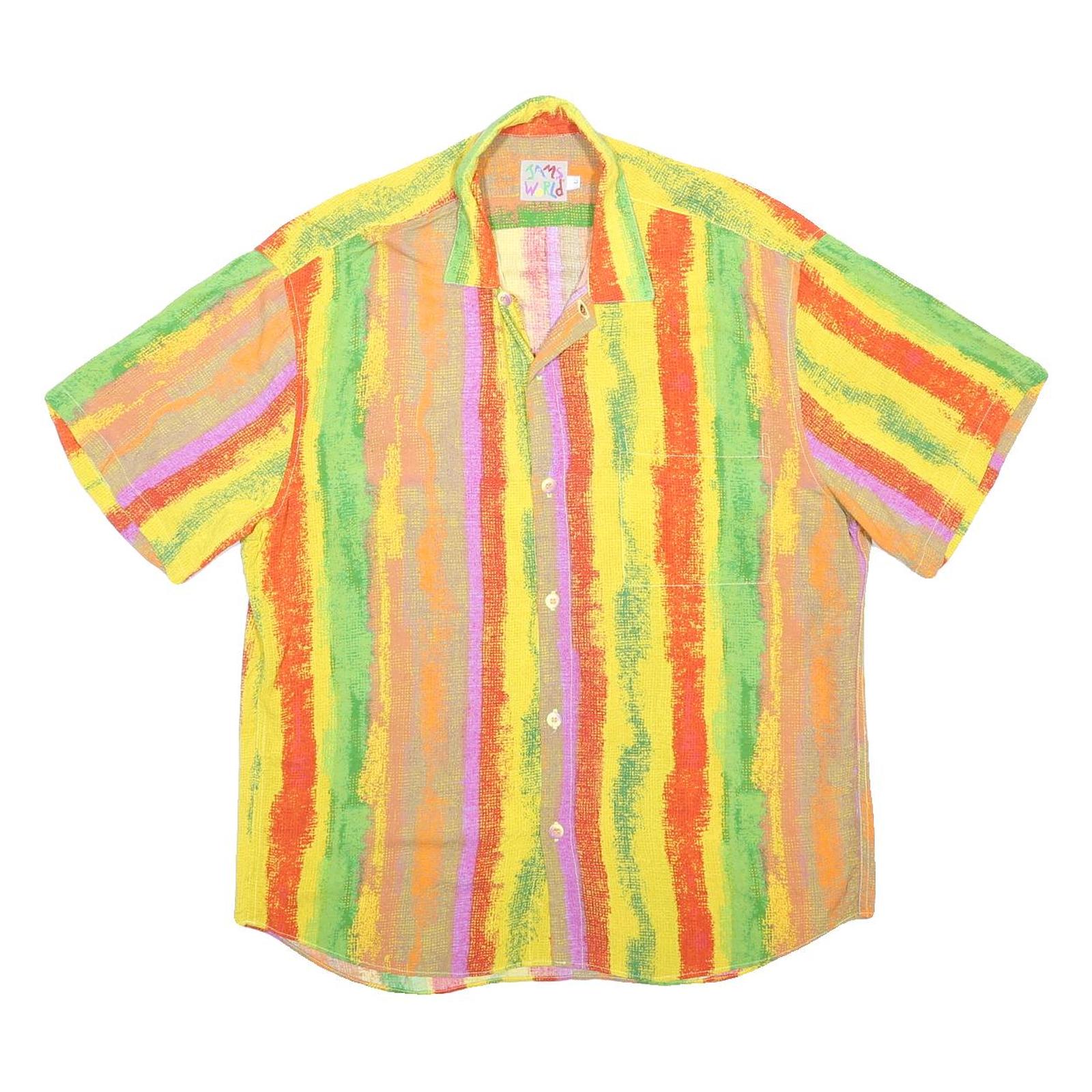 JAMS WORLD Mens Yellow Orange Green Striped Shirt L Casual Summer Button Shirt