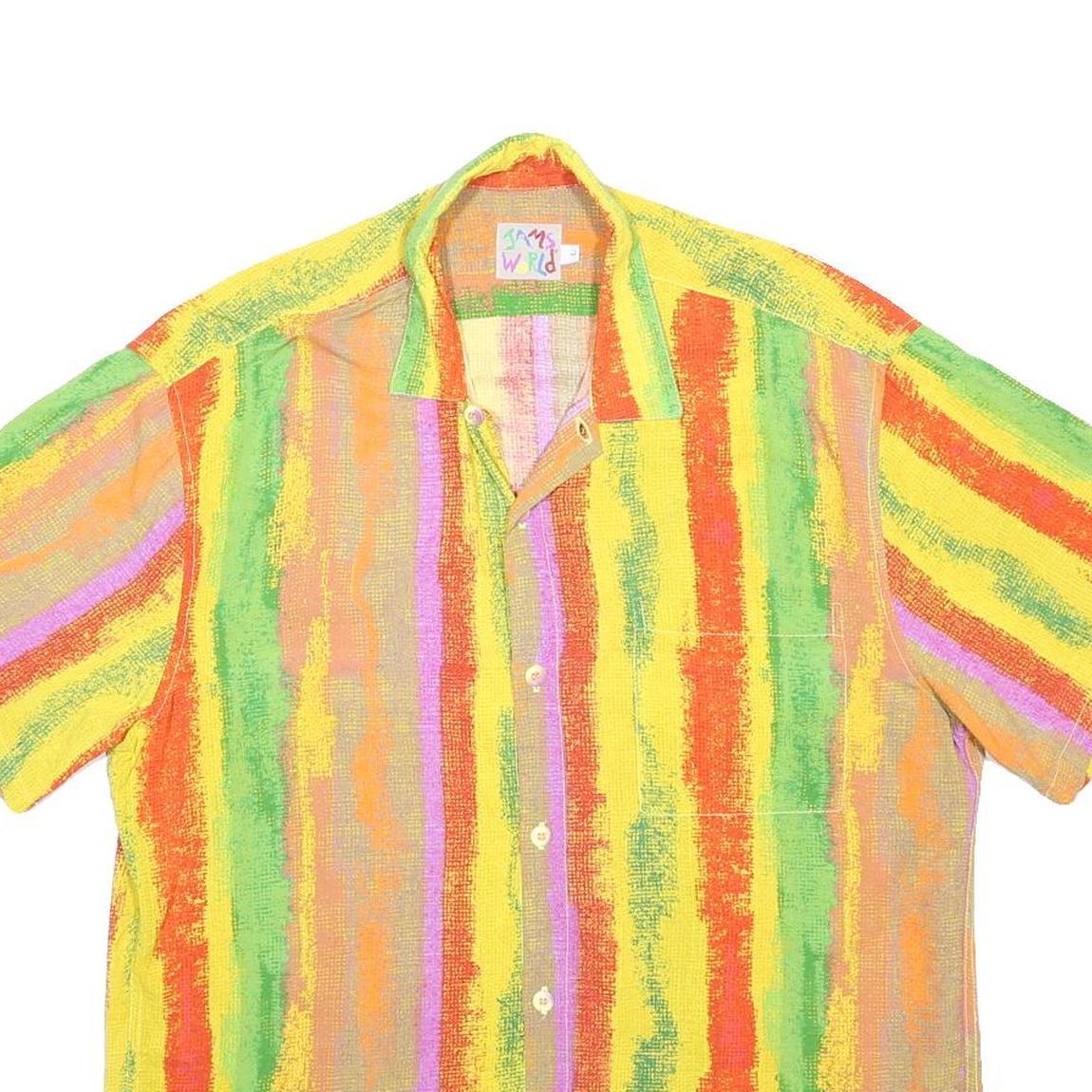 JAMS WORLD Mens Yellow Orange Green Striped Shirt L Casual Summer Button Shirt