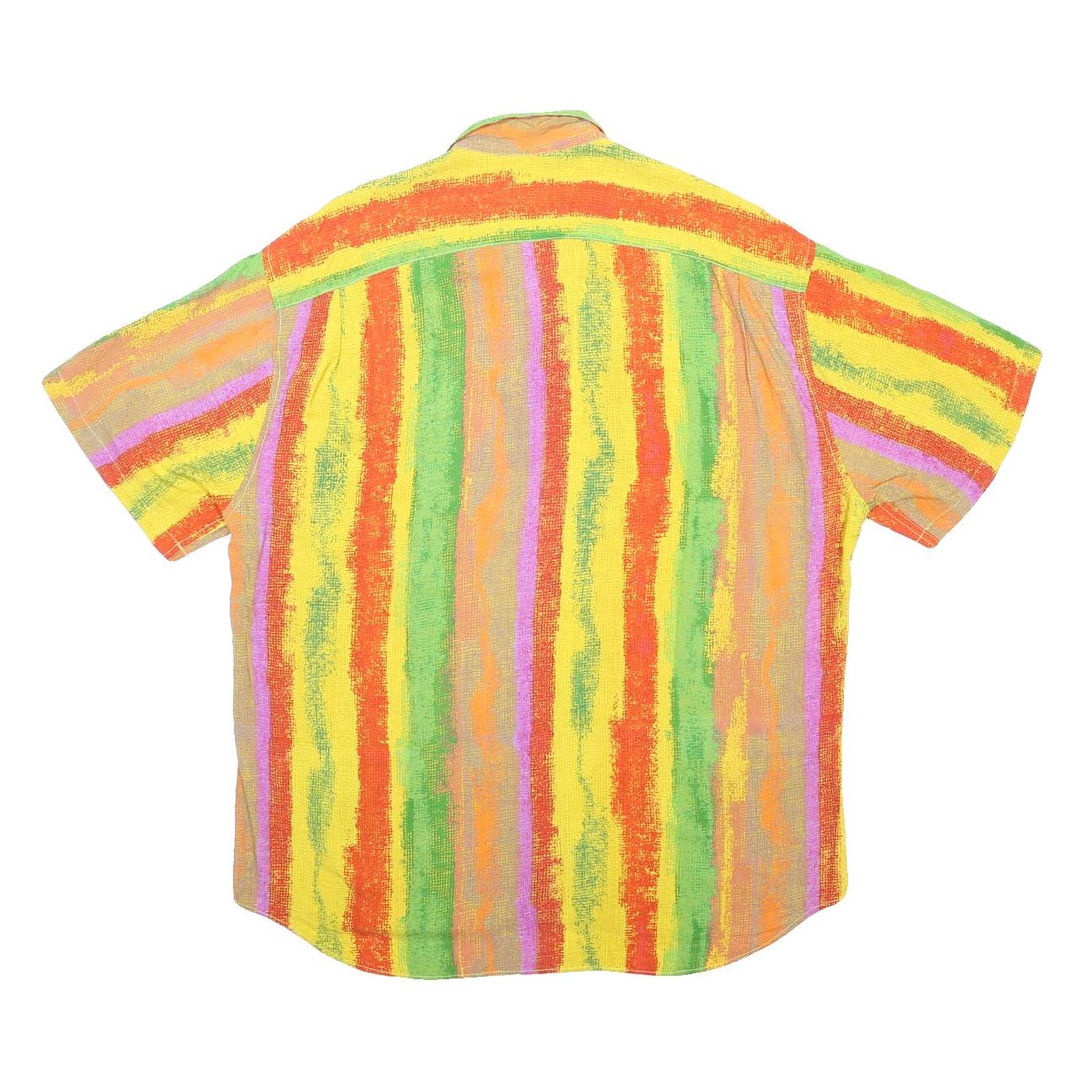 JAMS WORLD Mens Yellow Orange Green Striped Shirt L Casual Summer Button Shirt
