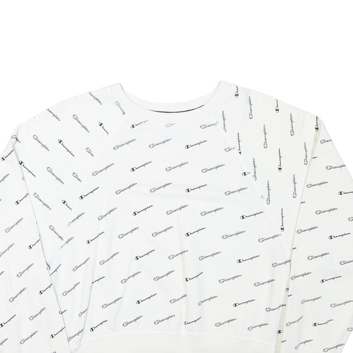 CHAMPION Womens White All Over Logo Crew Neck M Cotton Blend Sweatshirt