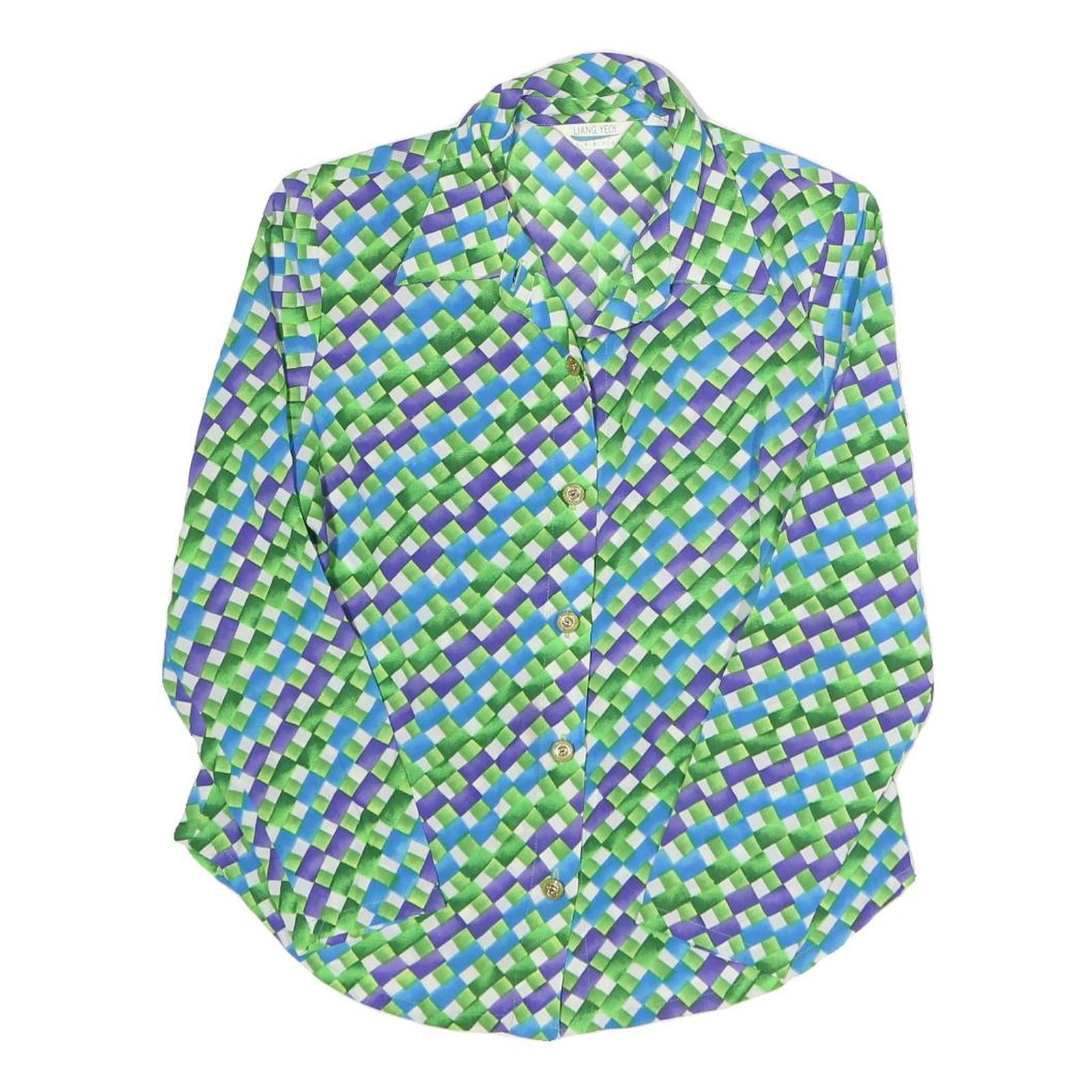 LIANG YEOI Womens Green & Blue Printed Shirt Long Sleeve Collared M Polyester