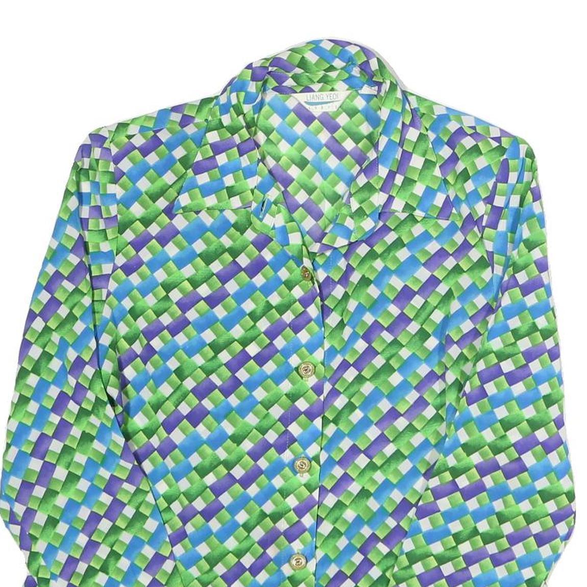 LIANG YEOI Womens Green & Blue Printed Shirt Long Sleeve Collared M Polyester