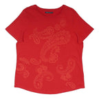 M&S Womens Red Printed Top Short Sleeve Round Neck UK 14 Cotton Blend