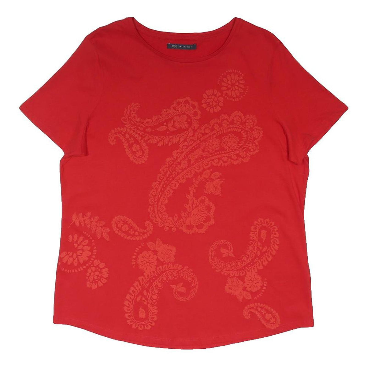 M&S Womens Red Printed Top Short Sleeve Round Neck UK 14 Cotton Blend