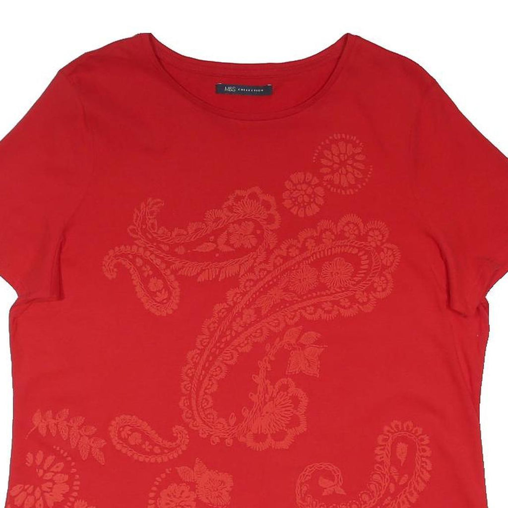 M&S Womens Red Printed Top Short Sleeve Round Neck UK 14 Cotton Blend