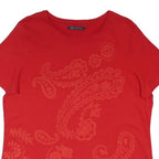 M&S Womens Red Printed Top Short Sleeve Round Neck UK 14 Cotton Blend