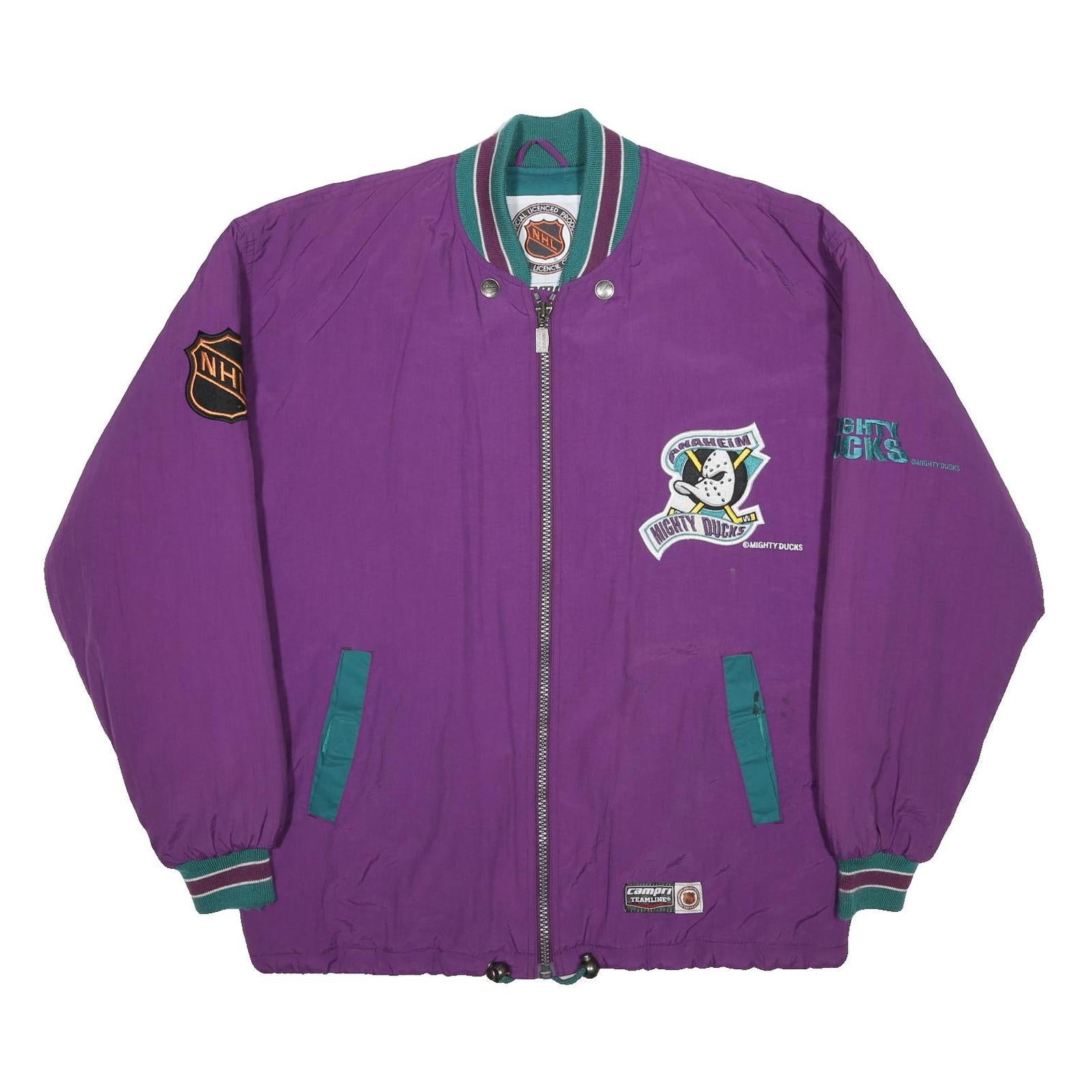 NHL CAMPRI Mens Purple & Teal Mighty Ducks Jacket S Nylon Zip Embroidered Patch
