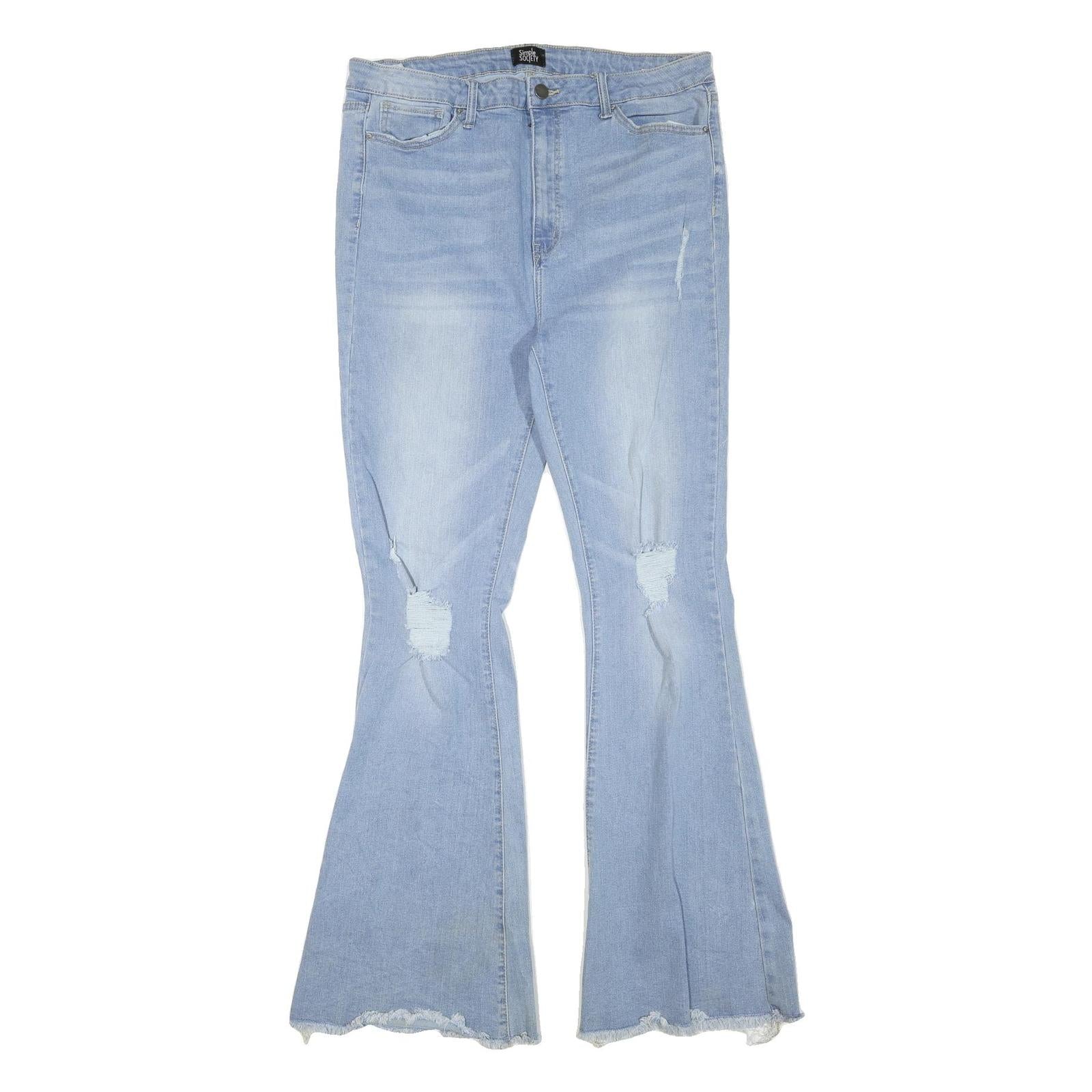 SIMPLE SOCIETY Womens Jeans Blue Regular Flared Denim Light W34 L32 Distressed