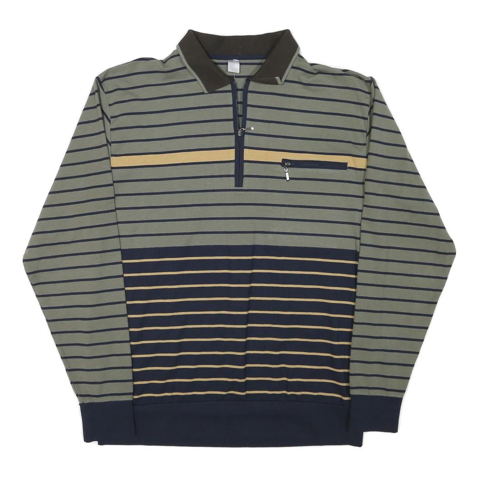 Mens Green & Navy Stripe Cotton Blend Sweatshirt Collared L Zipper Pocket
