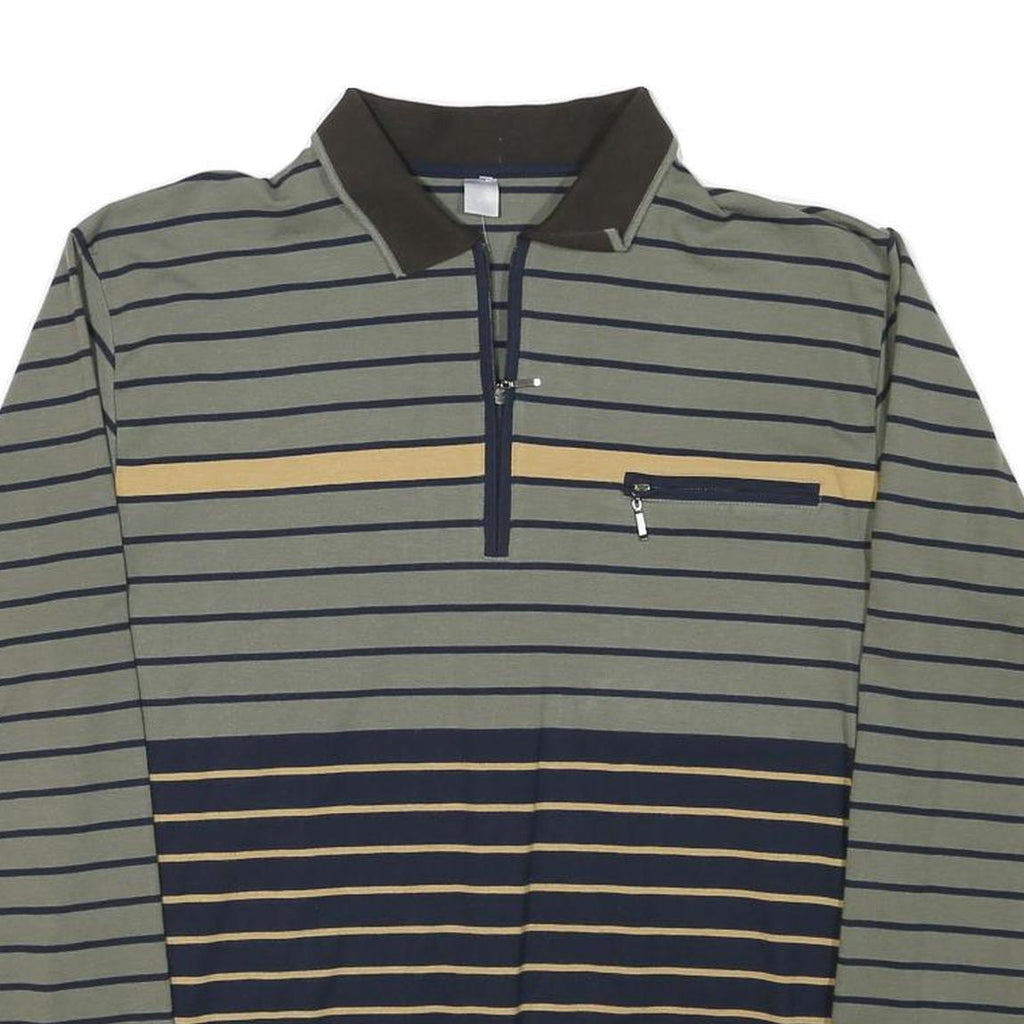 Mens Green & Navy Stripe Cotton Blend Sweatshirt Collared L Zipper Pocket