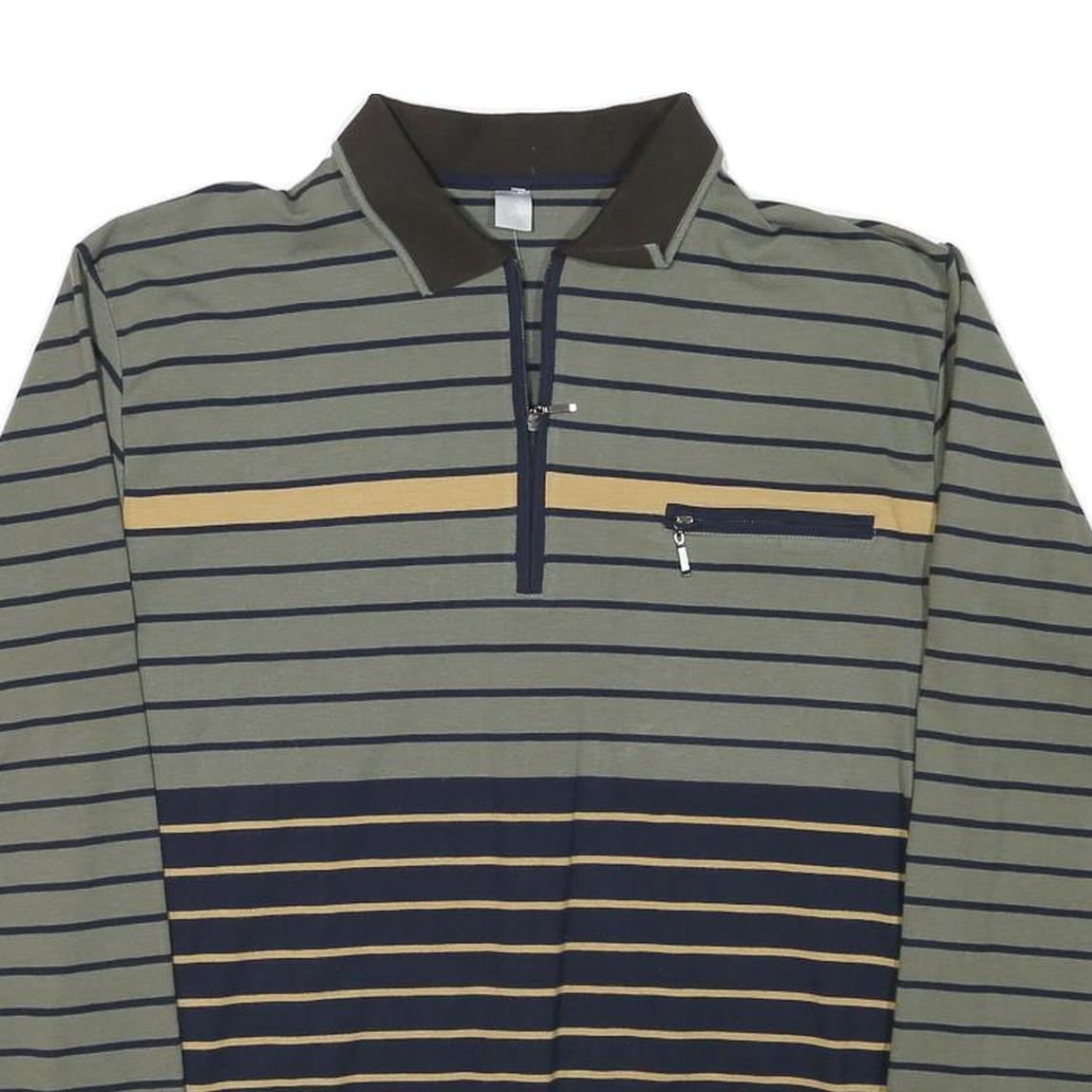 Mens Green & Navy Stripe Cotton Blend Sweatshirt Collared L Zipper Pocket