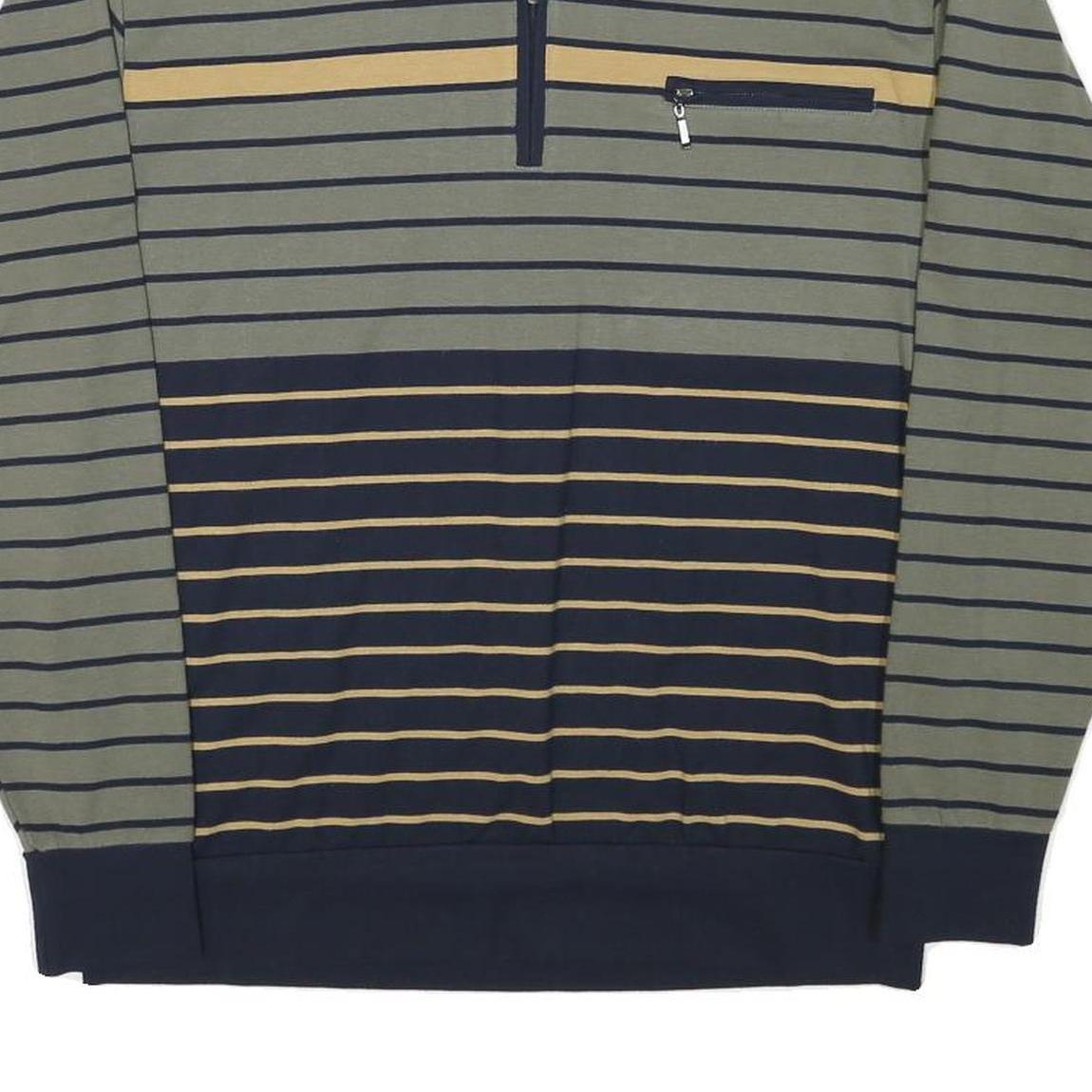 Mens Green & Navy Stripe Cotton Blend Sweatshirt Collared L Zipper Pocket