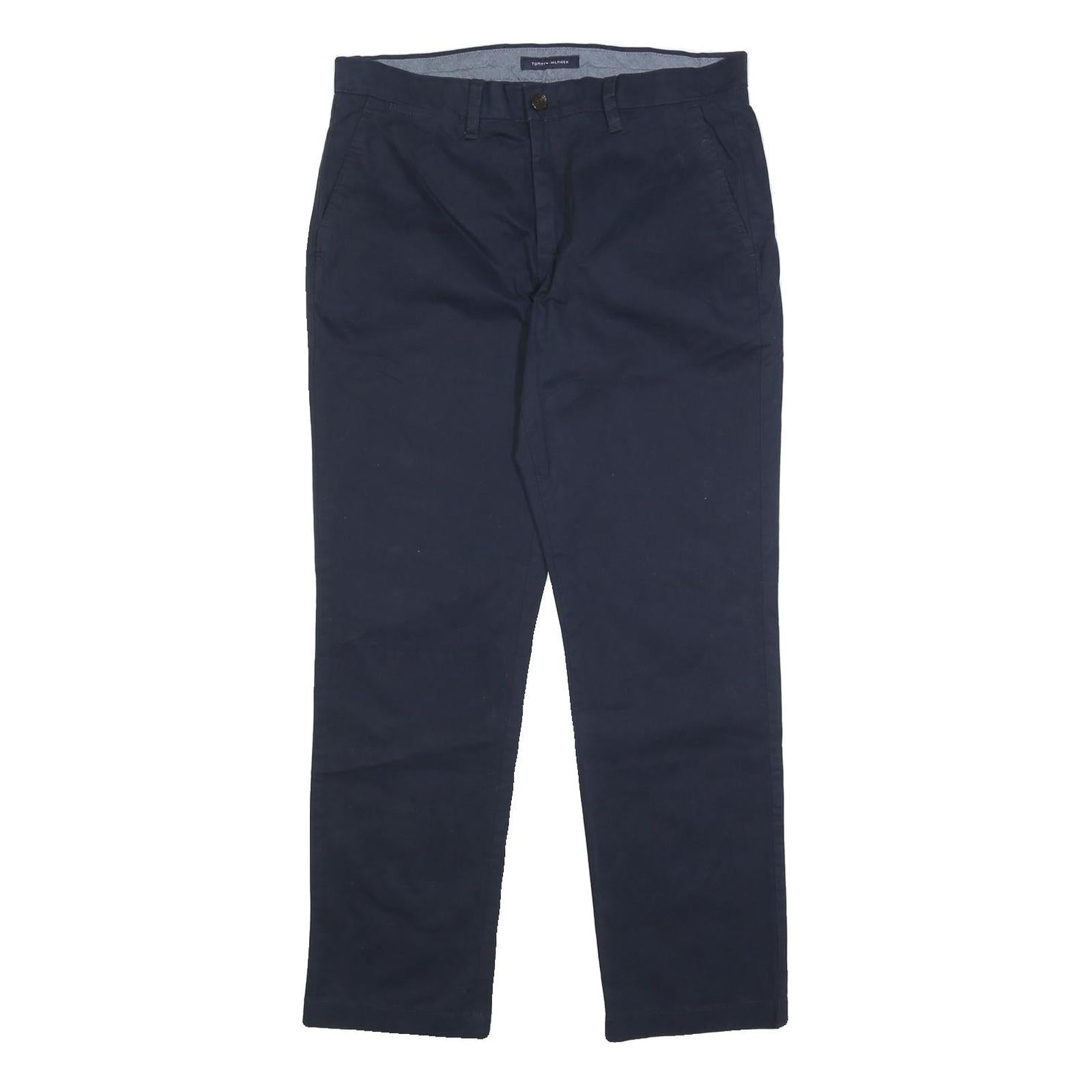 TOMMY HILFIGER Mens Cotton Blend Navy Slim Trousers W32 L30 Stylish Zip Closure
