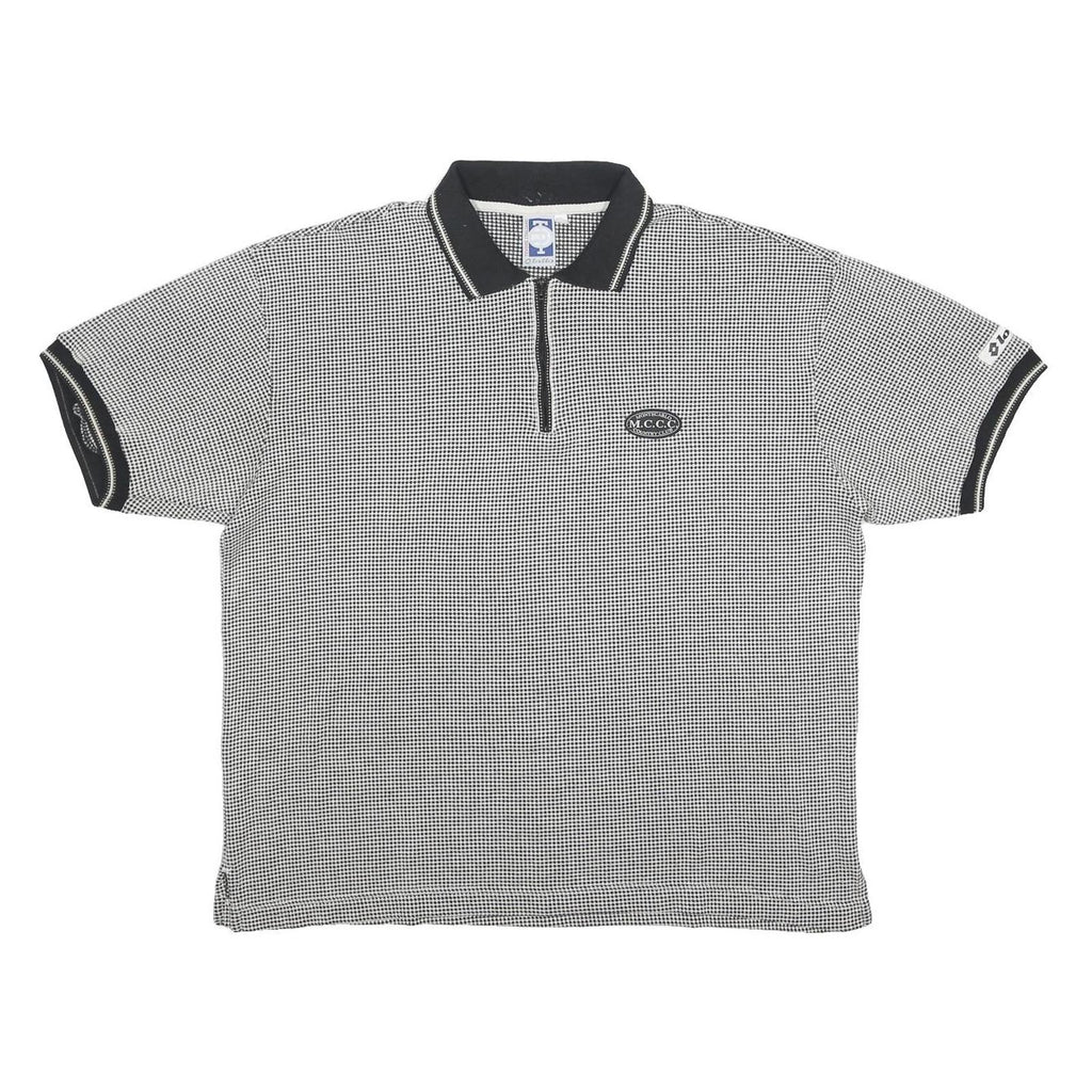 LOTTO Mens Black & White Checked Short Sleeve Polo Shirt L Cotton Blend Zip Neck
