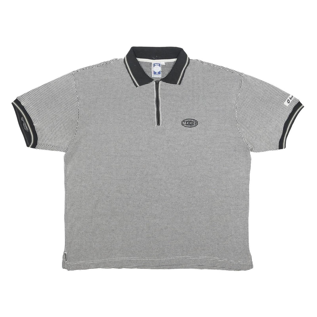 LOTTO Mens Black & White Checked Short Sleeve Polo Shirt L Cotton Blend Zip Neck