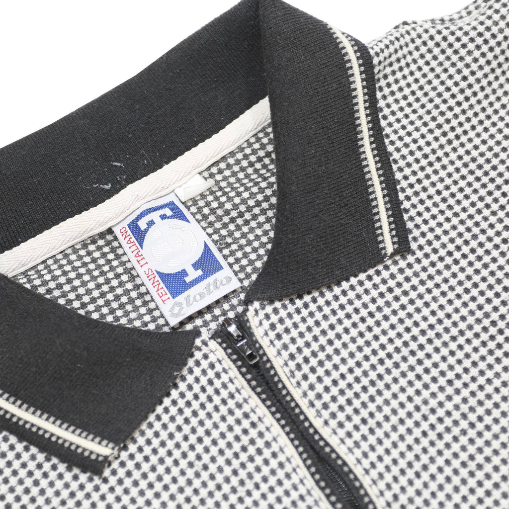 LOTTO Mens Black & White Checked Short Sleeve Polo Shirt L Cotton Blend Zip Neck