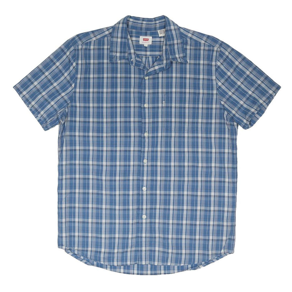 LEVI'S Mens Blue & White Check Shirt L Cotton Blend Casual Short Sleeve Button