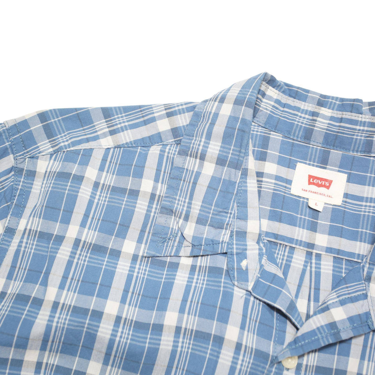 LEVI'S Mens Blue & White Check Shirt L Cotton Blend Casual Short Sleeve Button