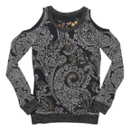 DESIGUAL Womens Black & Grey Printed Cold Shoulder Long Sleeve Crew Neck Top XS