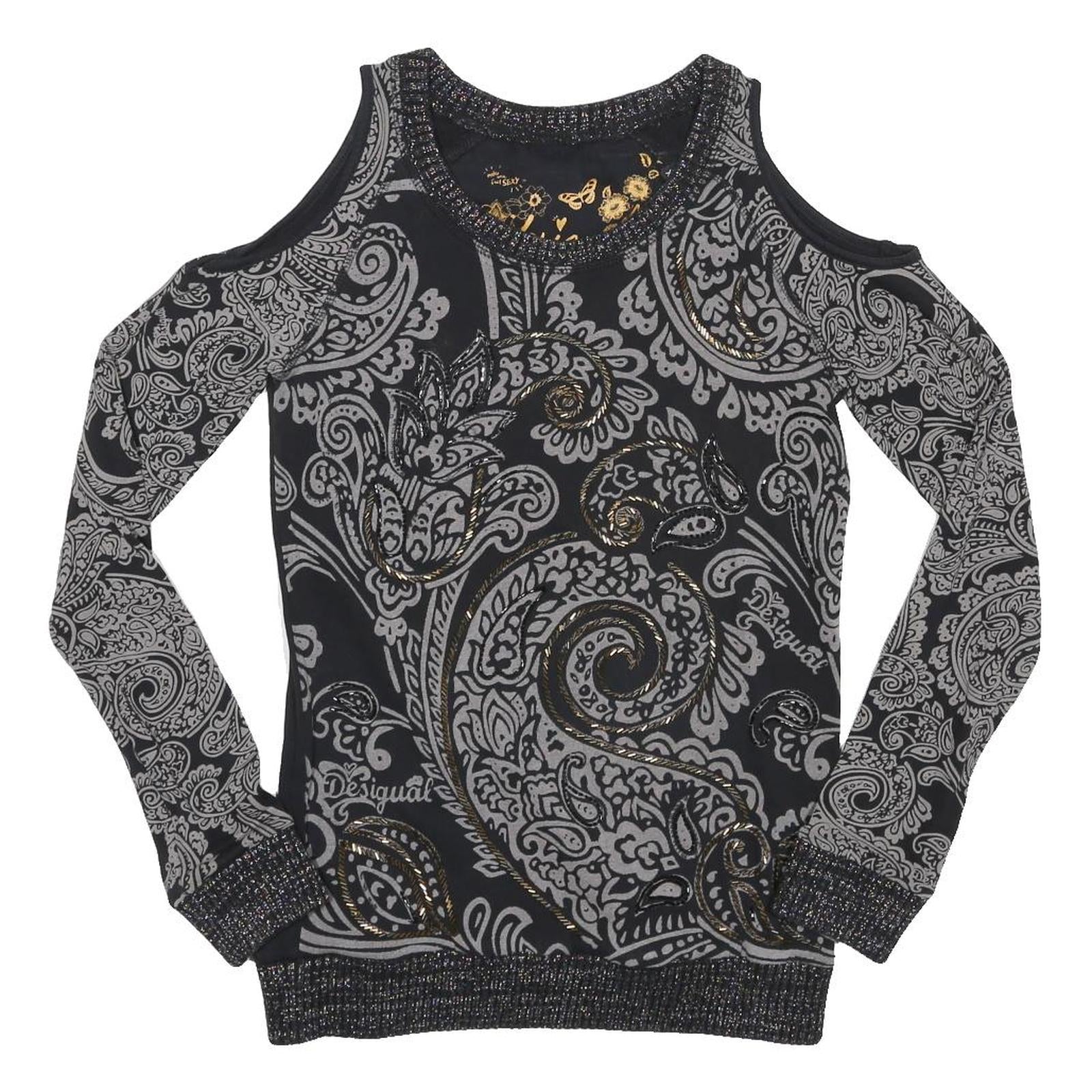 DESIGUAL Womens Black & Grey Printed Cold Shoulder Long Sleeve Crew Neck Top XS