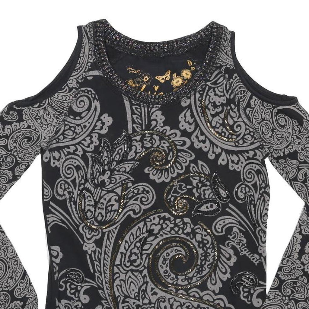 DESIGUAL Womens Black & Grey Printed Cold Shoulder Long Sleeve Crew Neck Top XS