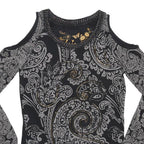 DESIGUAL Womens Black & Grey Printed Cold Shoulder Long Sleeve Crew Neck Top XS