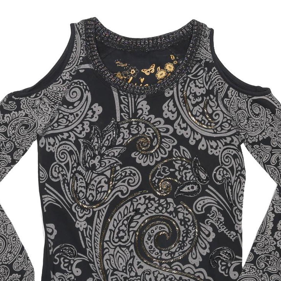DESIGUAL Womens Black & Grey Printed Cold Shoulder Long Sleeve Crew Neck Top XS