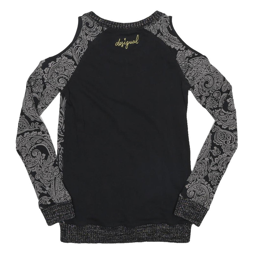 DESIGUAL Womens Black & Grey Printed Cold Shoulder Long Sleeve Crew Neck Top XS