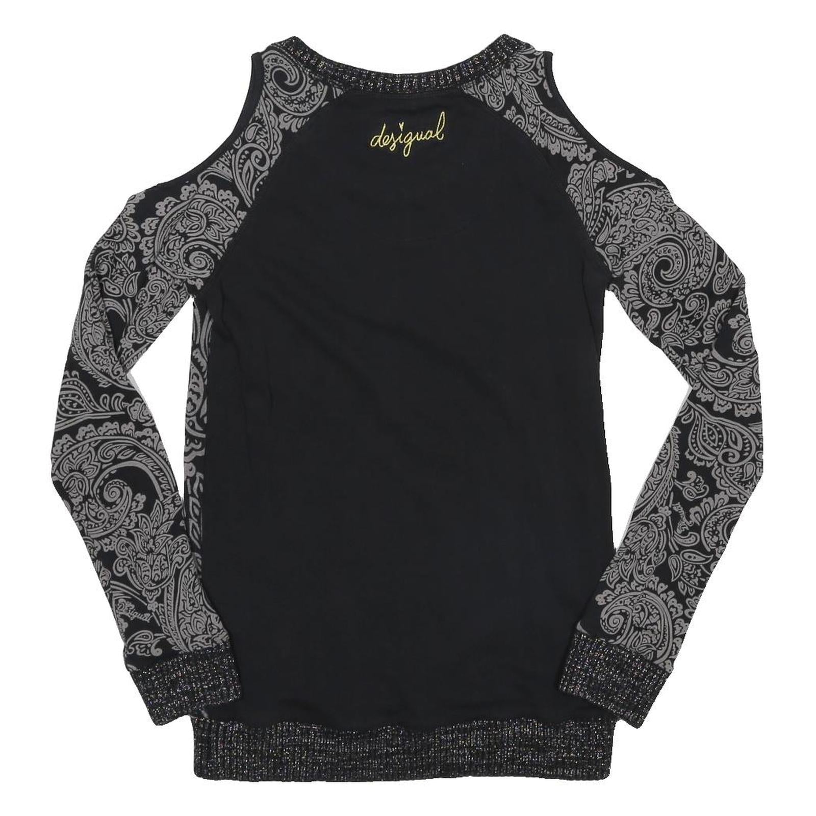 DESIGUAL Womens Black & Grey Printed Cold Shoulder Long Sleeve Crew Neck Top XS