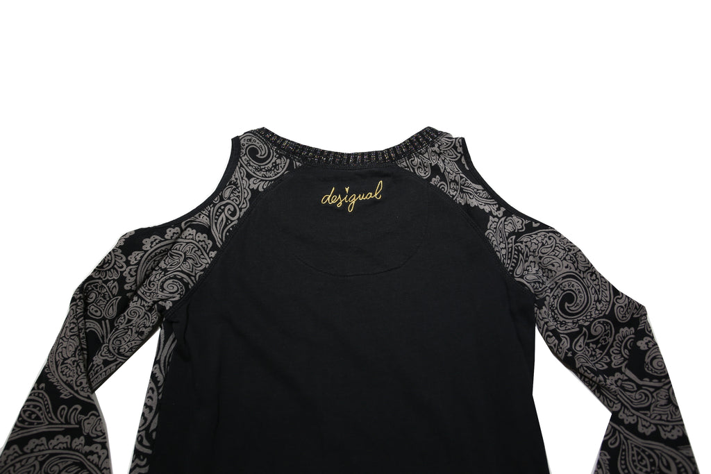 DESIGUAL Womens Black & Grey Printed Cold Shoulder Long Sleeve Crew Neck Top XS