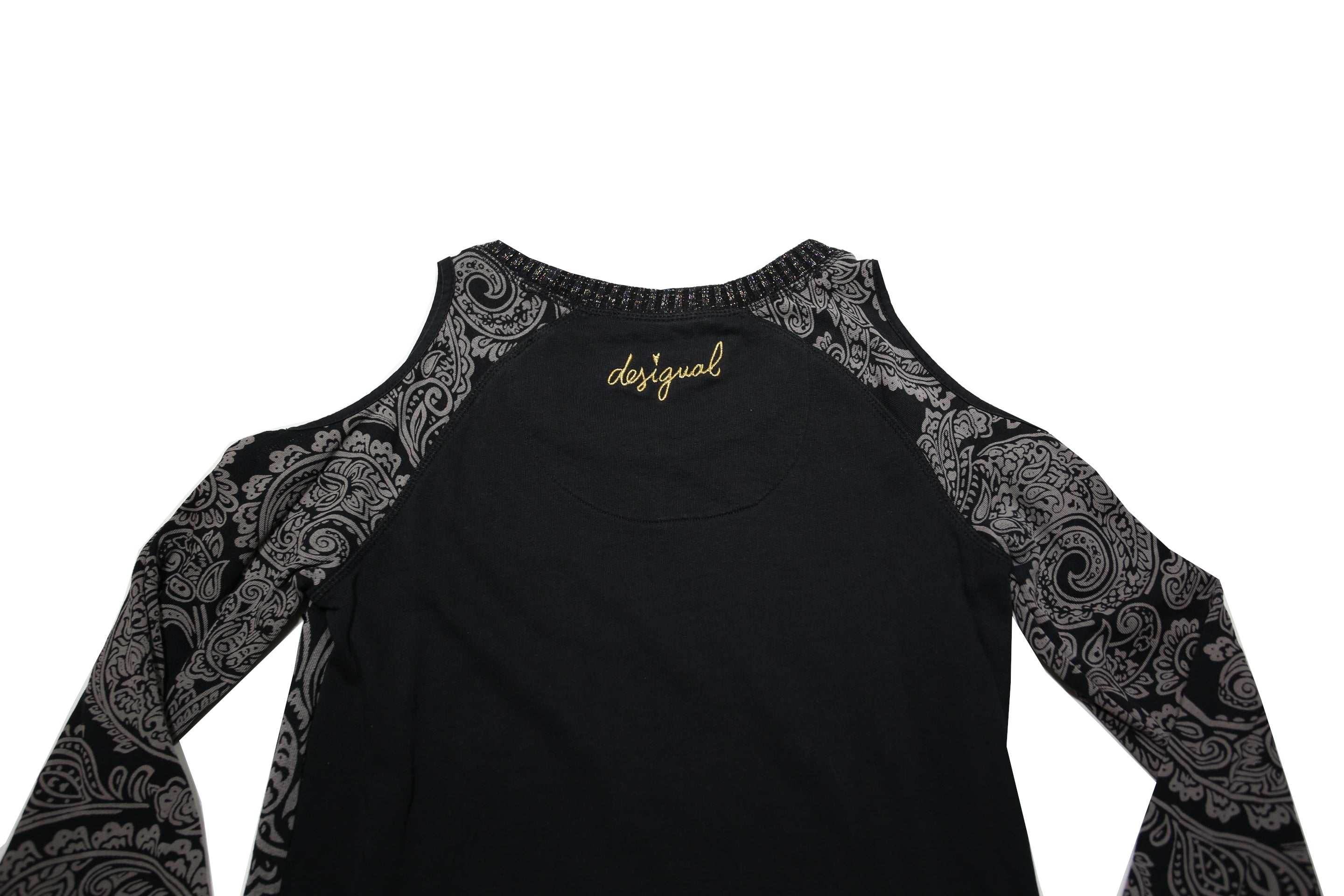 DESIGUAL Womens Black & Grey Printed Cold Shoulder Long Sleeve Crew Neck Top XS