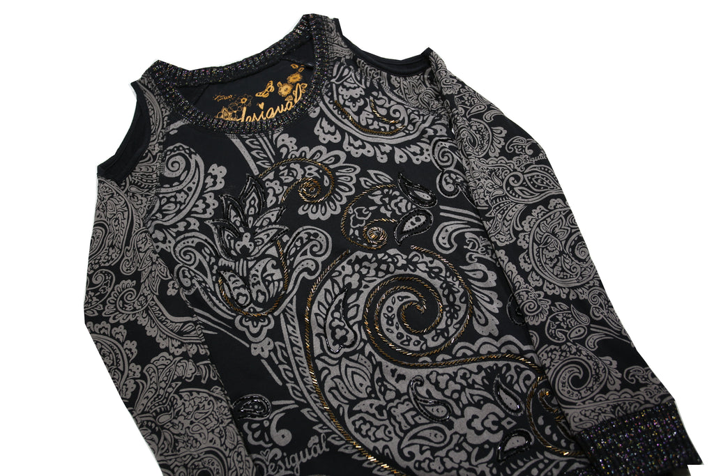 DESIGUAL Womens Black & Grey Printed Cold Shoulder Long Sleeve Crew Neck Top XS