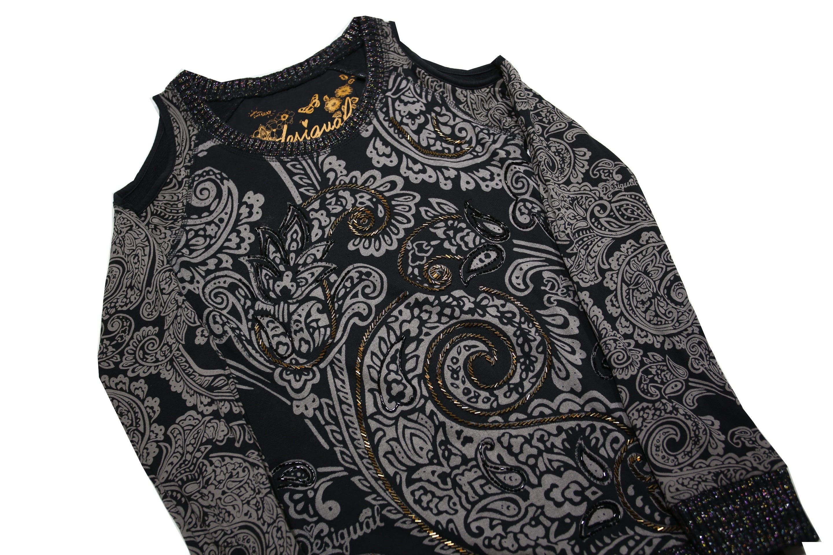 DESIGUAL Womens Black & Grey Printed Cold Shoulder Long Sleeve Crew Neck Top XS