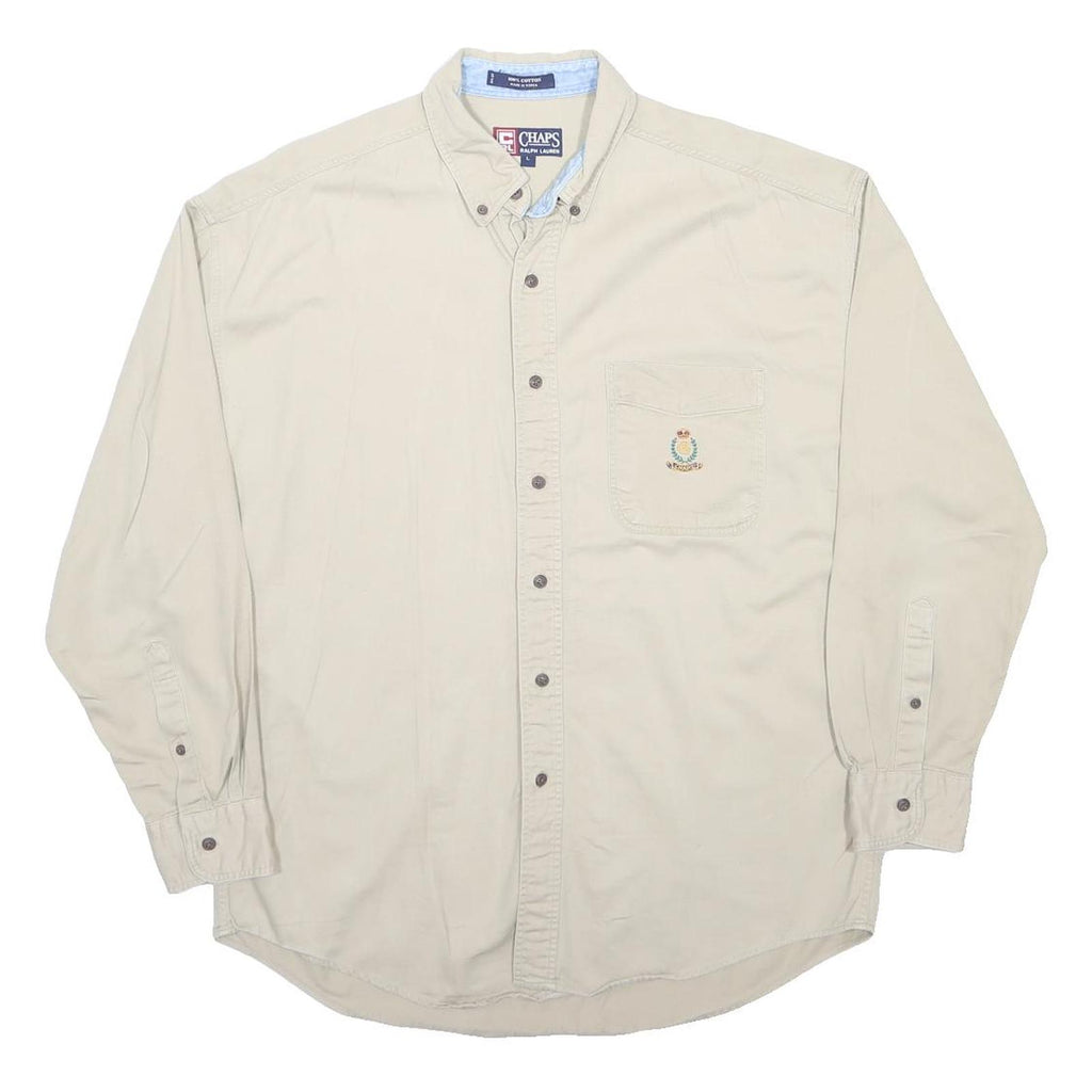 CHAPS RALPH LAUREN Mens Beige Cotton Shirt L Embroidered Pocket Button-Down