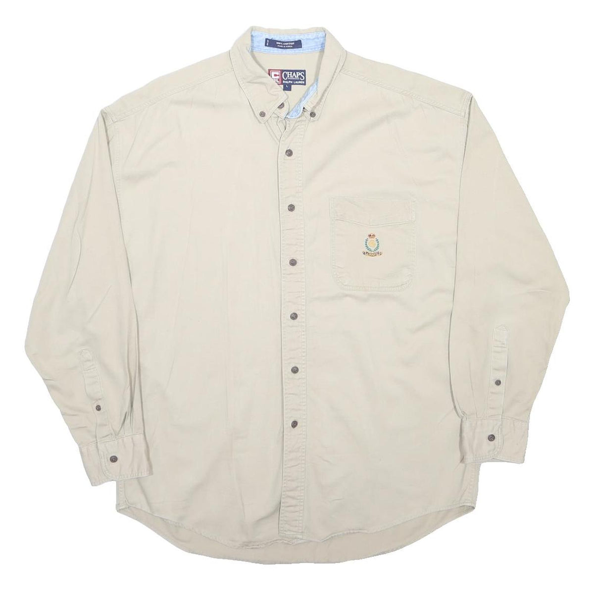 CHAPS RALPH LAUREN Mens Beige Cotton Shirt L Embroidered Pocket Button-Down