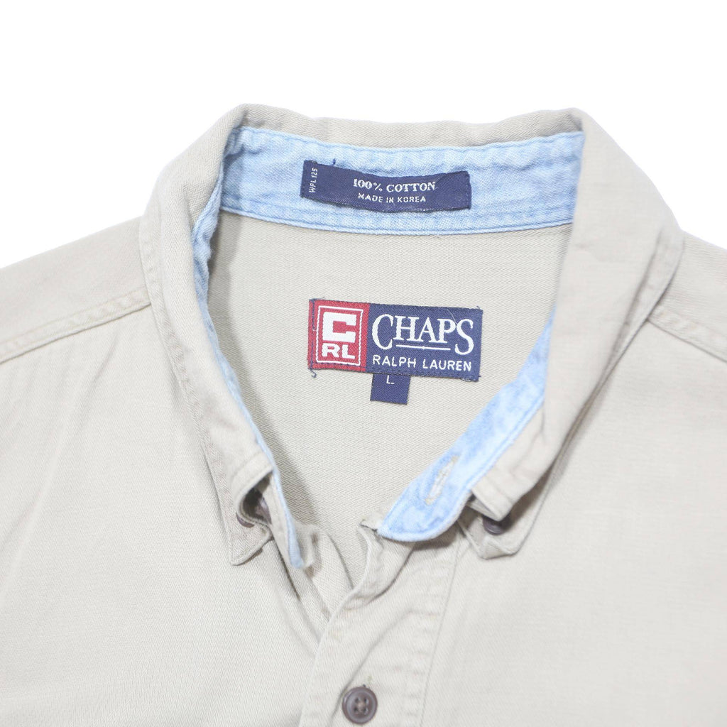 CHAPS RALPH LAUREN Mens Beige Cotton Shirt L Embroidered Pocket Button-Down