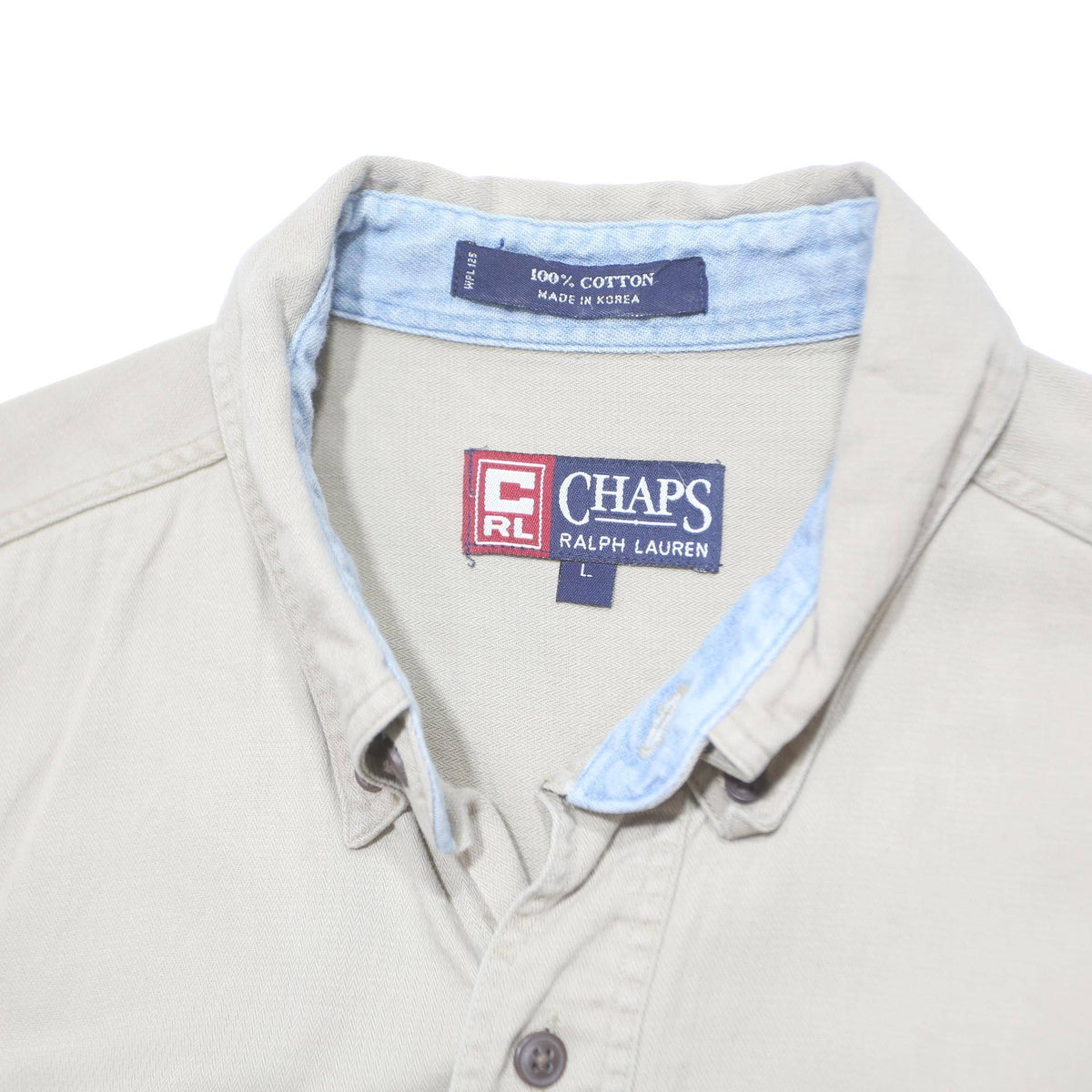CHAPS RALPH LAUREN Mens Beige Cotton Shirt L Embroidered Pocket Button-Down