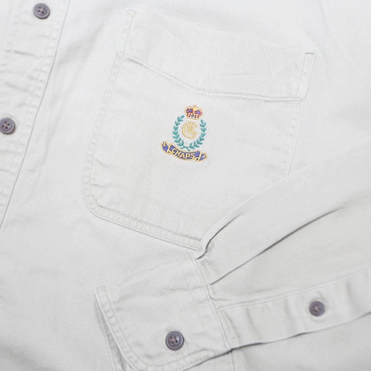 CHAPS RALPH LAUREN Mens Beige Cotton Shirt L Embroidered Pocket Button-Down