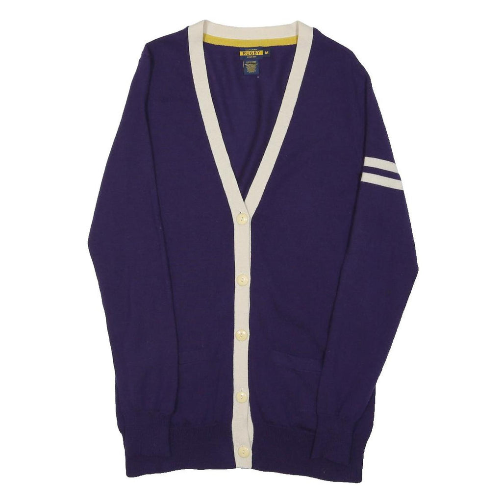 RALPH LAUREN Womens Purple & Cream Classic Rugby Pattern Jumper V-Neck Tight