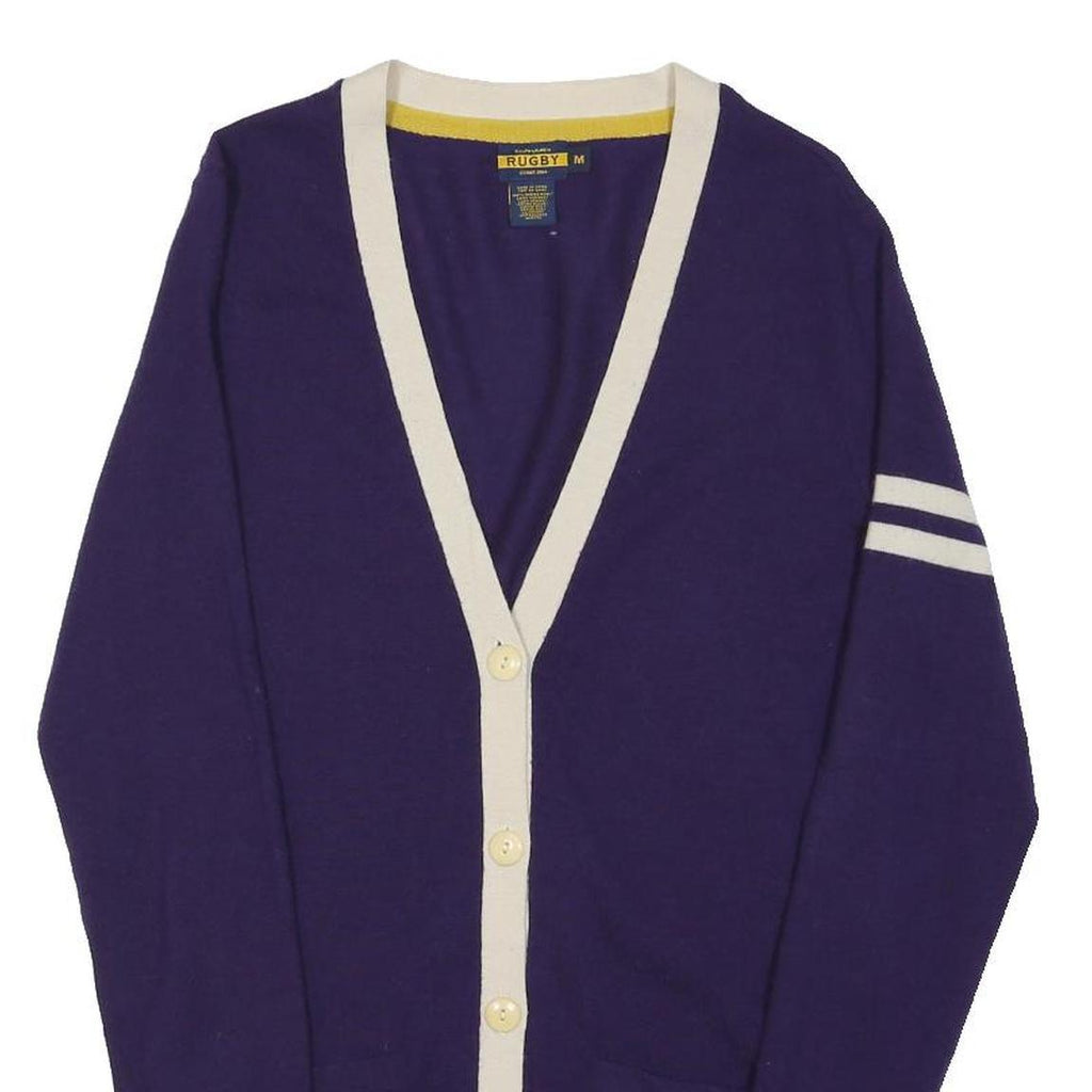RALPH LAUREN Womens Purple & Cream Classic Rugby Pattern Jumper V-Neck Tight